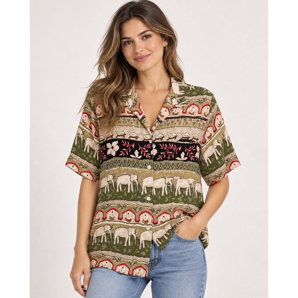 Chicos Design Vintage Elephant Print Rayon Button Down Shirt Green Size 1